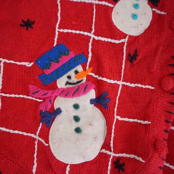 Vintage Victoria Jones Red Cotton Vest Snowmen Holiday Festive Cabincore XL - Picture 7 of 9